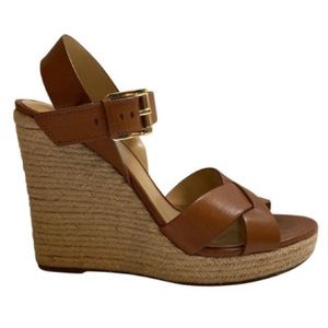 Michael Kors Brown Leather Espadrilles Wedge Sandal